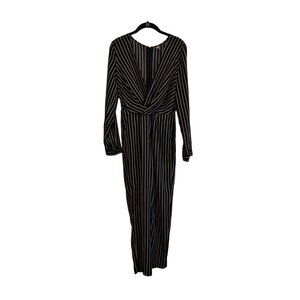 Blue Blush black and Beige strip deep‎ neck long sleeve Jumpsuit